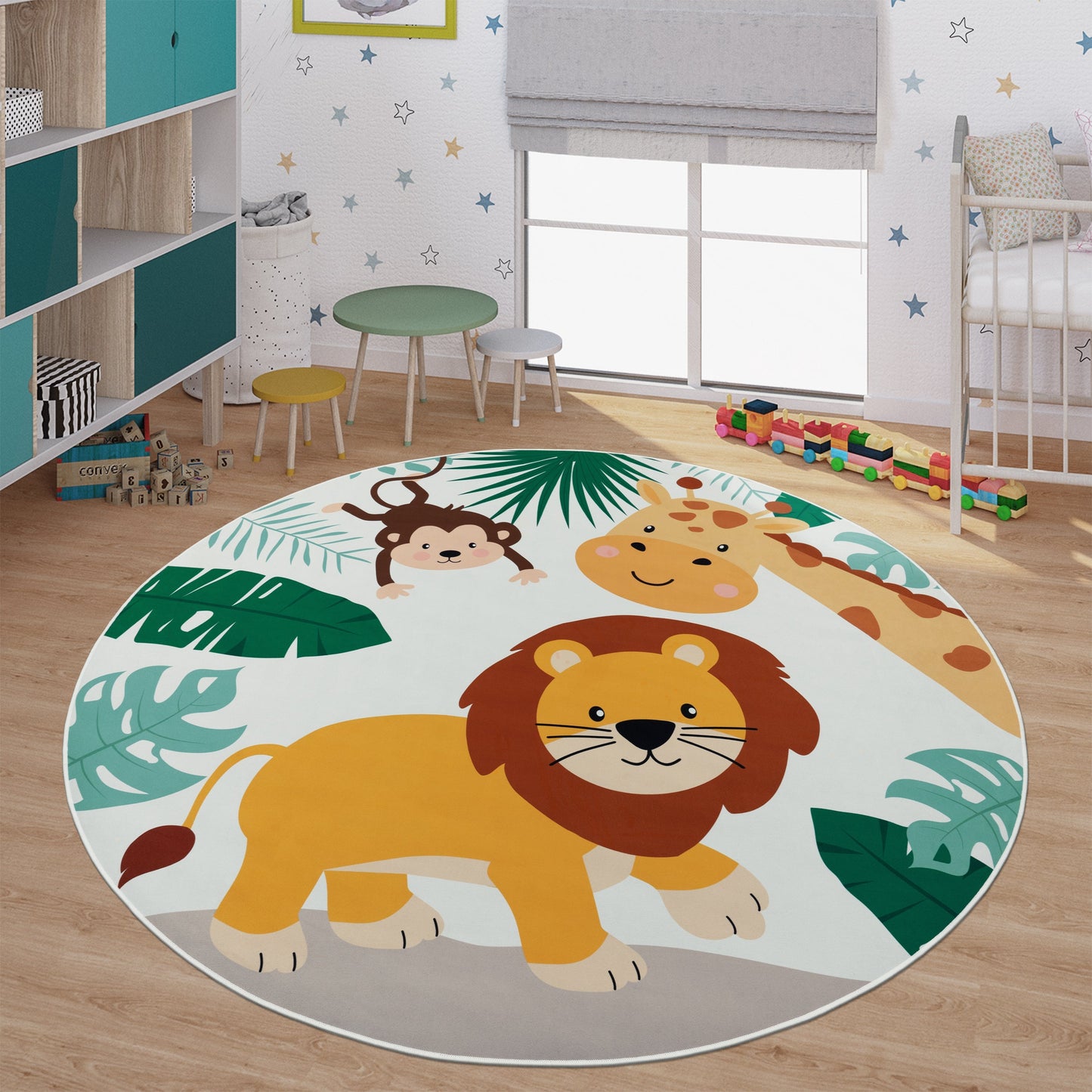 Kids Rug Lilo Jungle Animal Play Mat with Lion Giraffe Monkey in Beige-4