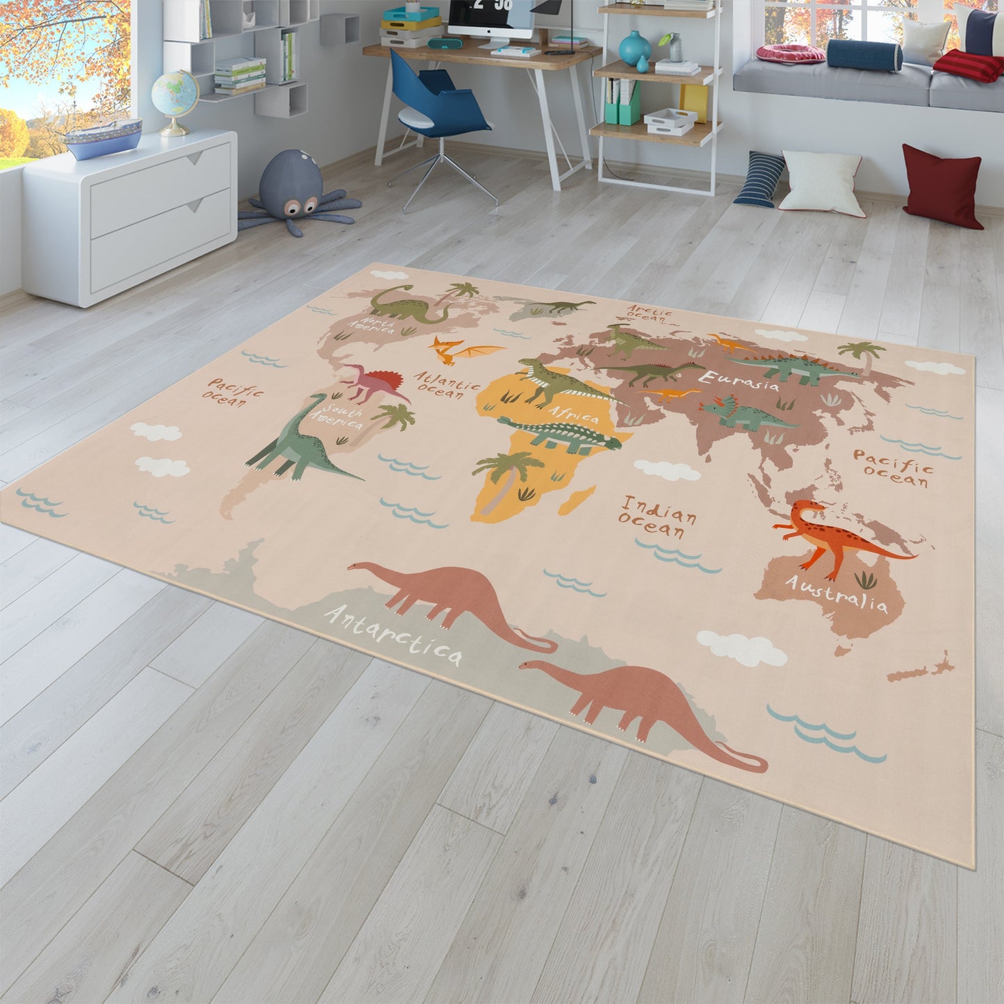 Play Mat Lilo Educational Kids Rug with World Map & Dinosaurs in Beige-0