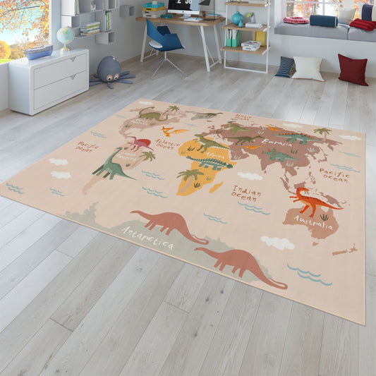 Play Mat Lilo Educational Kids Rug with World Map & Dinosaurs in Beige-0