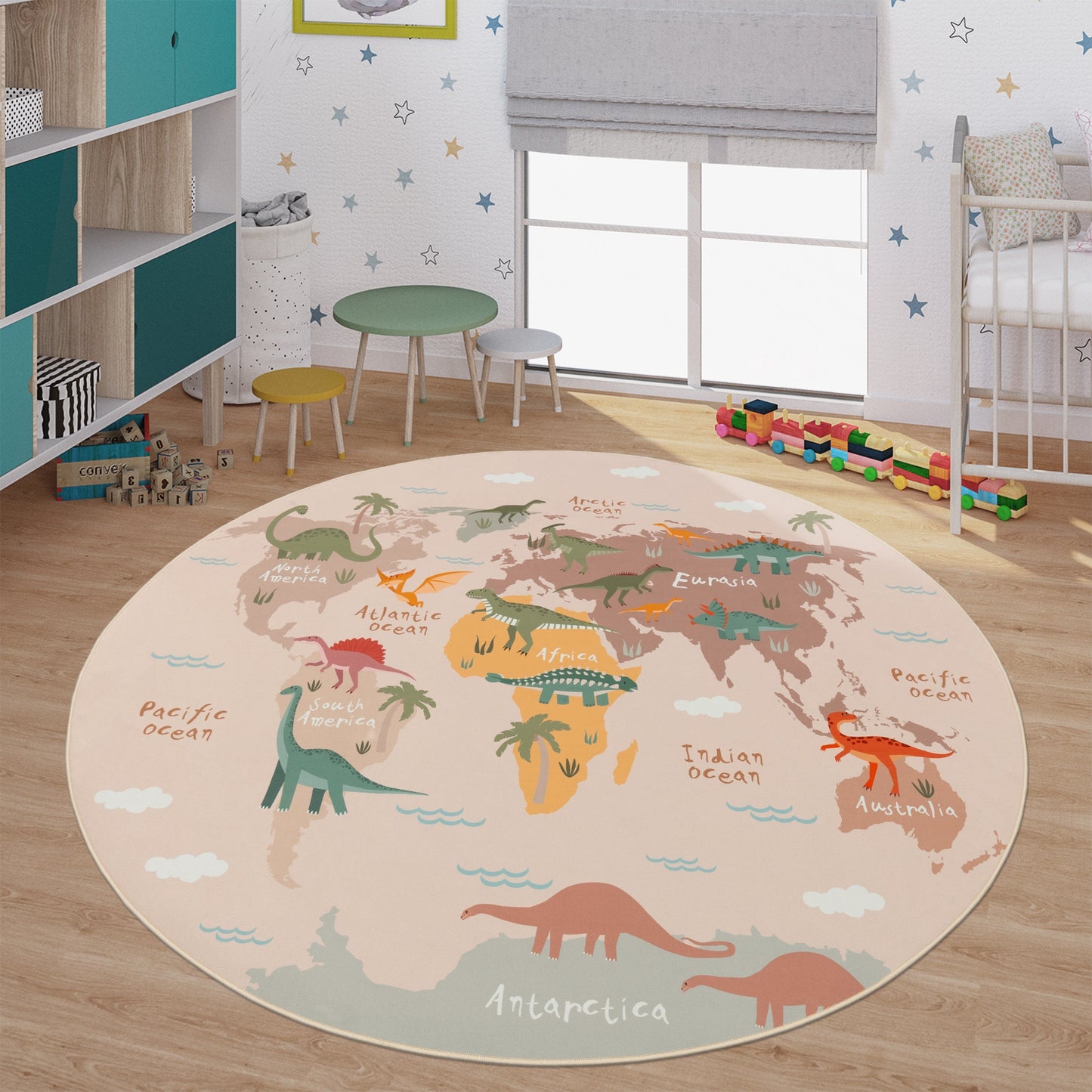 Play Mat Lilo Educational Kids Rug with World Map & Dinosaurs in Beige-4
