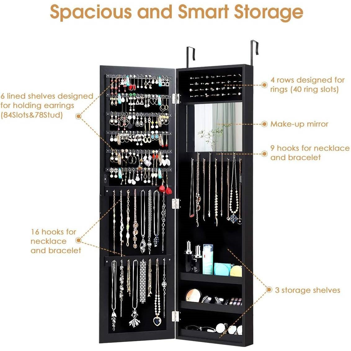 2-in-1 Black Wall or Door Mounted Jewelry Organizer Full Length Mirror-3