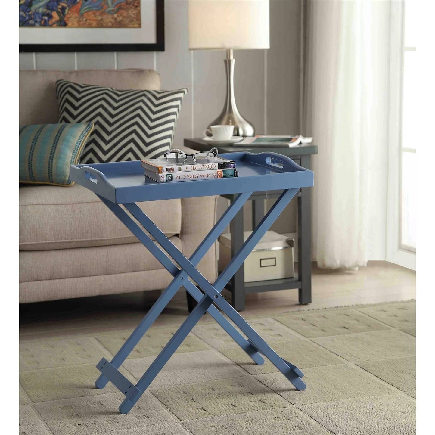 Folding TV Tray Bedside Table in Blue Wood Finish-2