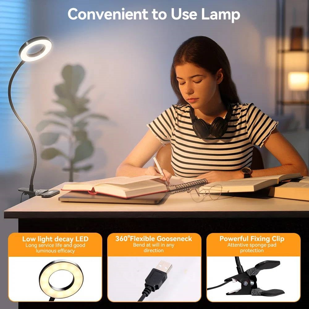 Clip-On Gooseneck Desk Lamp with LED Ring Light in Black-1