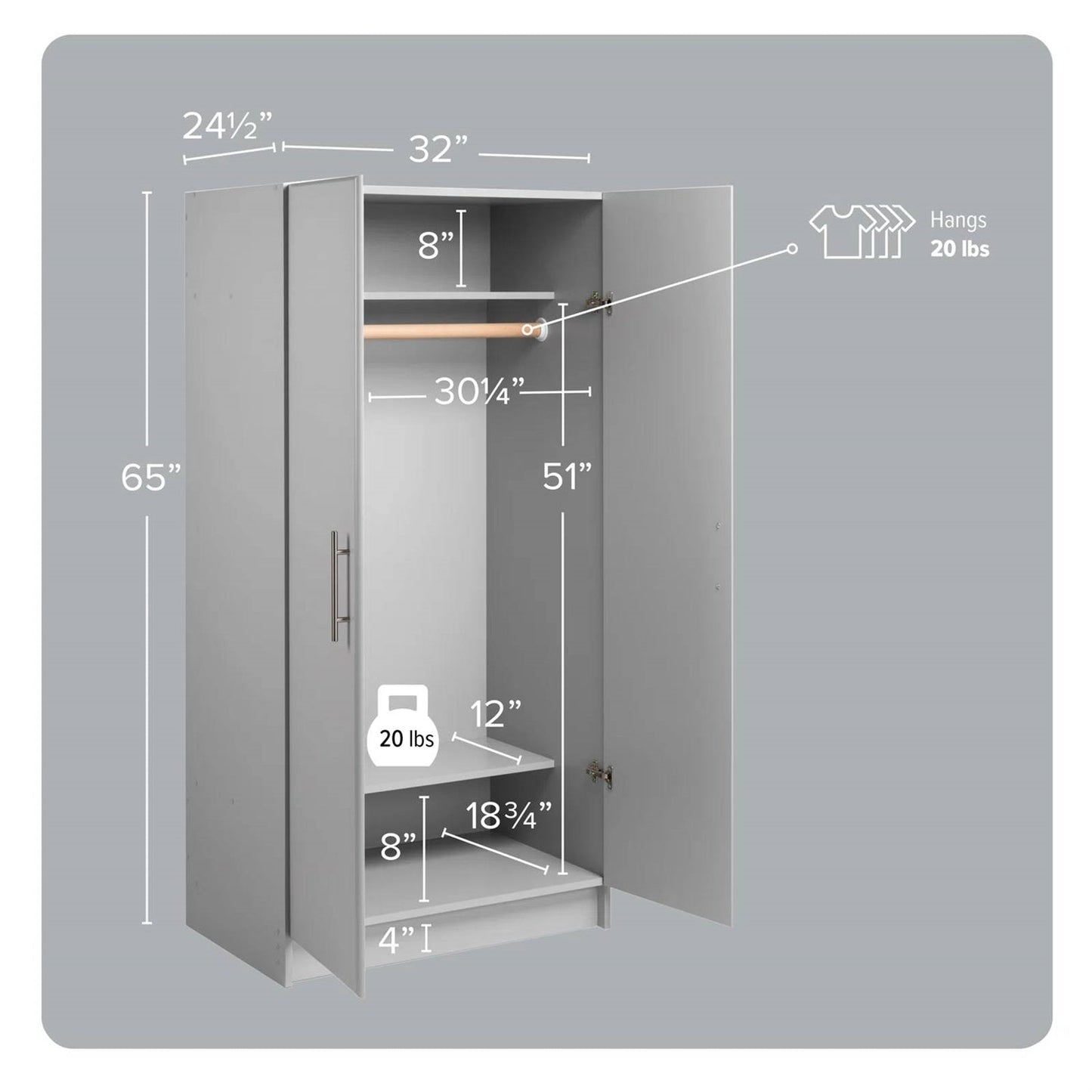 Bedroom Armoire Wardrobe Cabinet with Hanging Rail in Light Grey Wood Finish-4