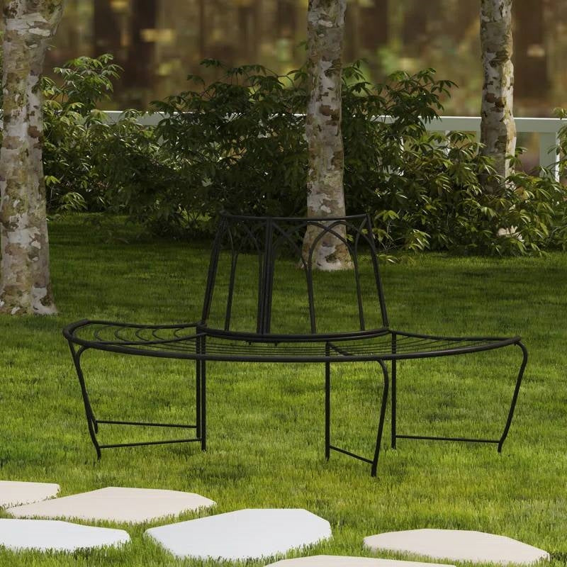 Half-Circle Outdoor Patio Garden Black Wrought Iron Tree Bench-2