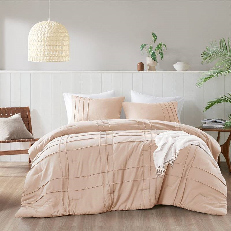 Queen size Microfiber Pleated Soft Washed Comforter Set in Pink Blush-0