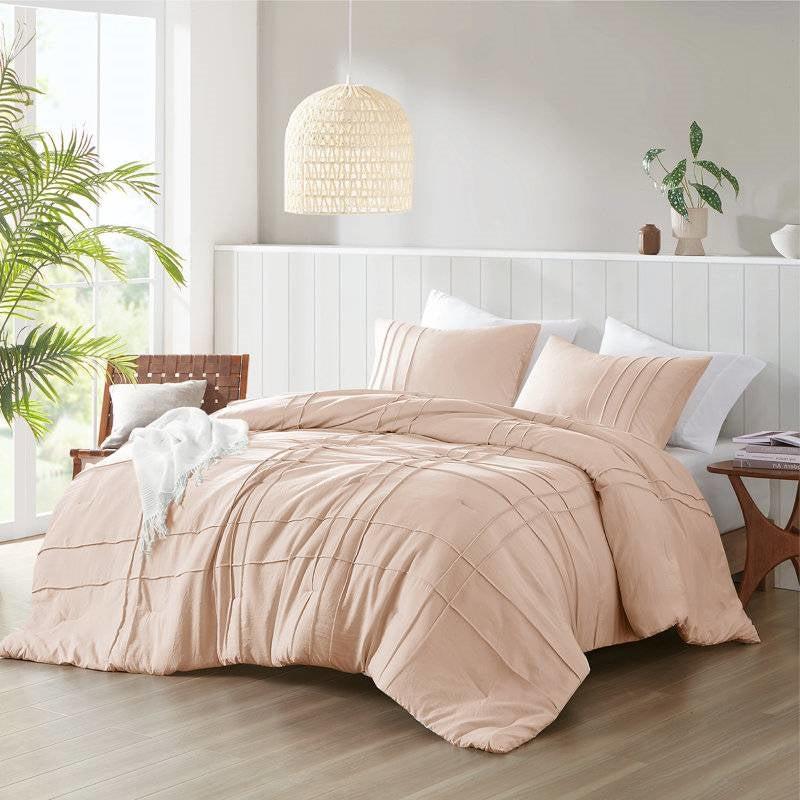 Queen size Microfiber Pleated Soft Washed Comforter Set in Pink Blush-1