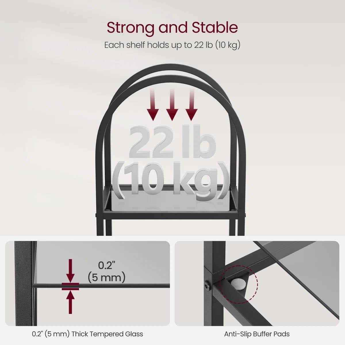 Arched Top Black Metal Display Rack Narrow Bookcase with 5 Glass Storage Shelves-3