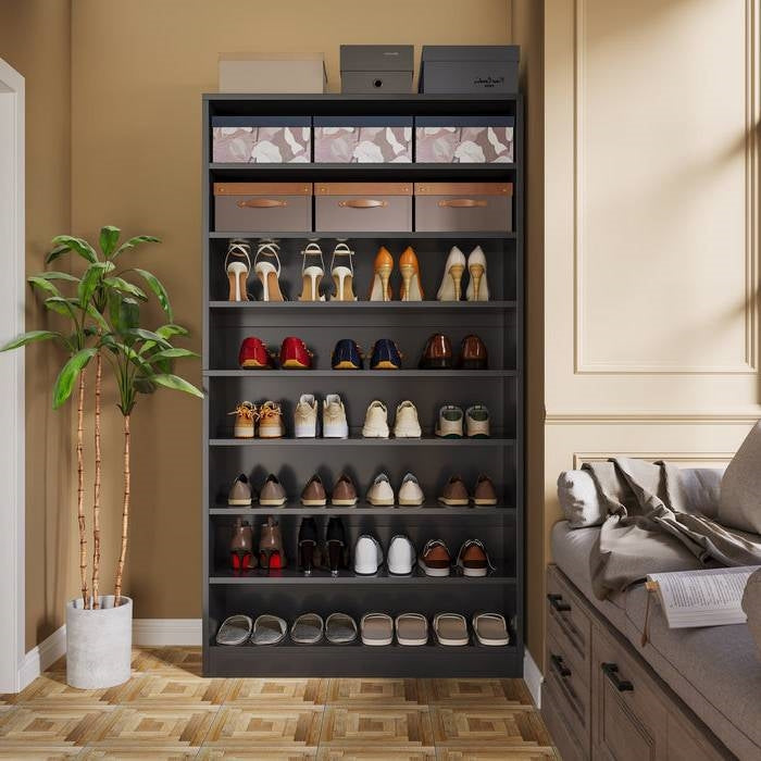 8-Shelf Shoe Rack Storage Cabinet Closet Shelving Unit in Black Wood Finish-1