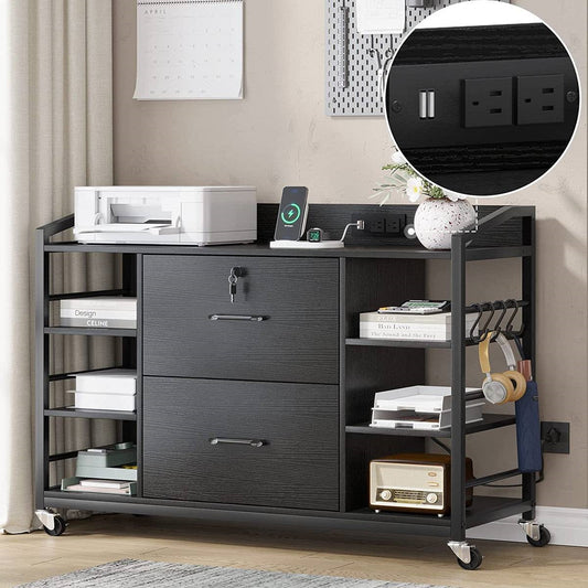 Black Printer Stand Bookcase Power Station Mobile Office File Cabinet-0