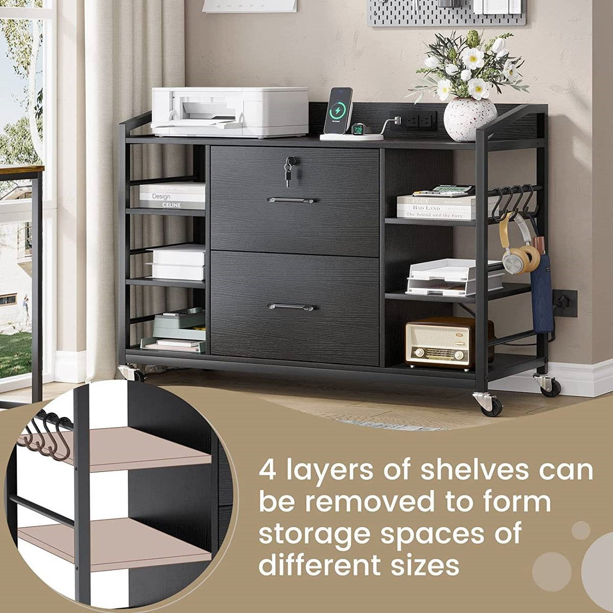 Black Printer Stand Bookcase Power Station Mobile Office File Cabinet-2