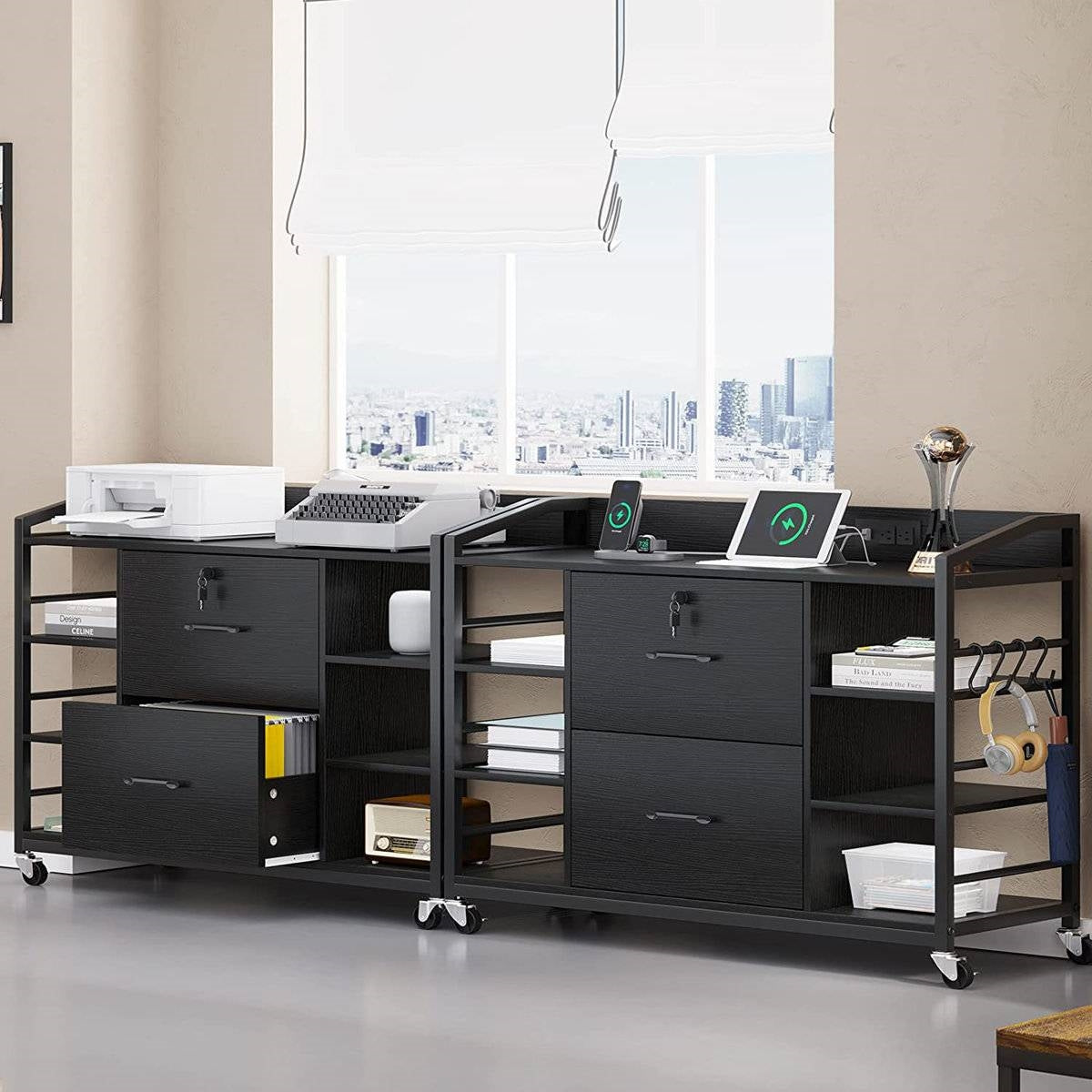 Black Printer Stand Bookcase Power Station Mobile Office File Cabinet-3
