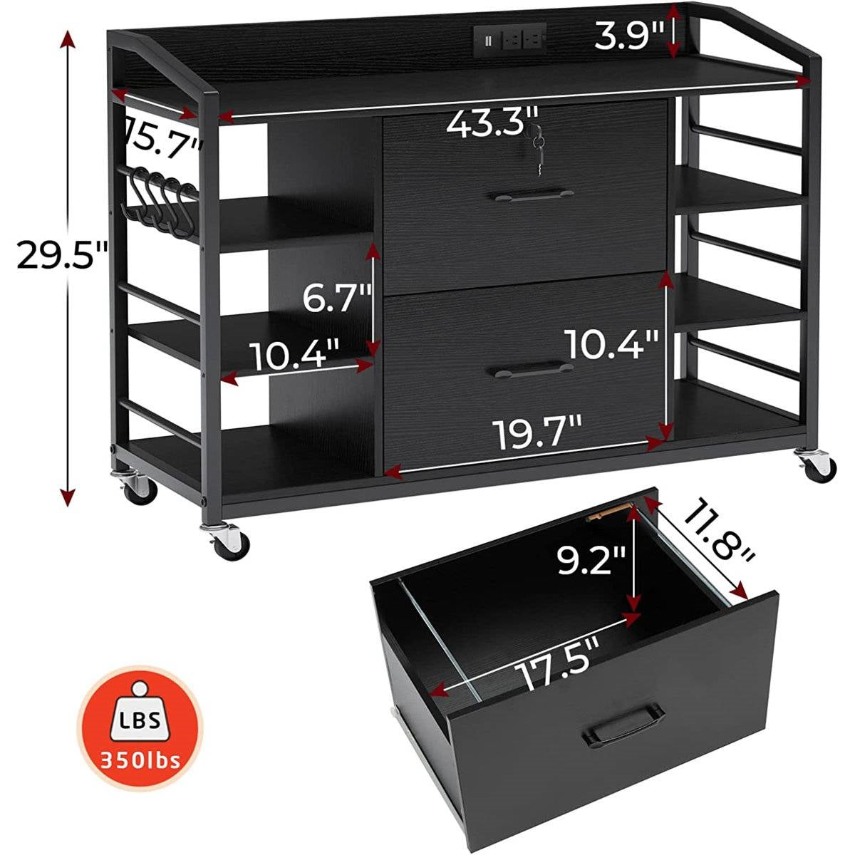 Black Printer Stand Bookcase Power Station Mobile Office File Cabinet-4