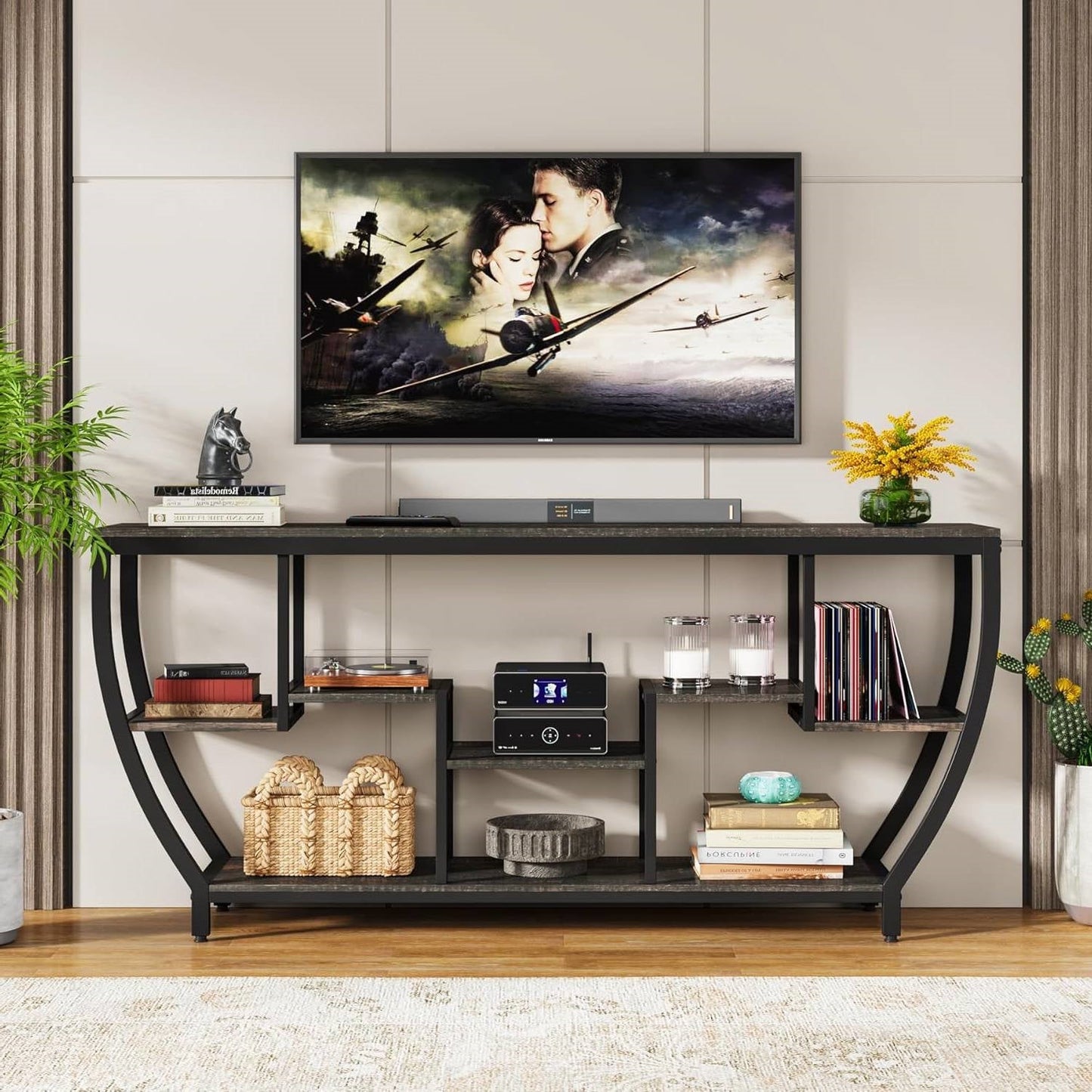 Modern Industrial 70-inch Long Narrow Console Sofa Table with Black Wood Shelves-2