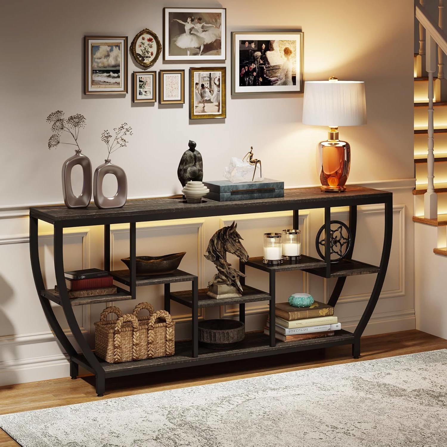 Modern Industrial 70-inch Long Narrow Console Sofa Table with Black Wood Shelves-3