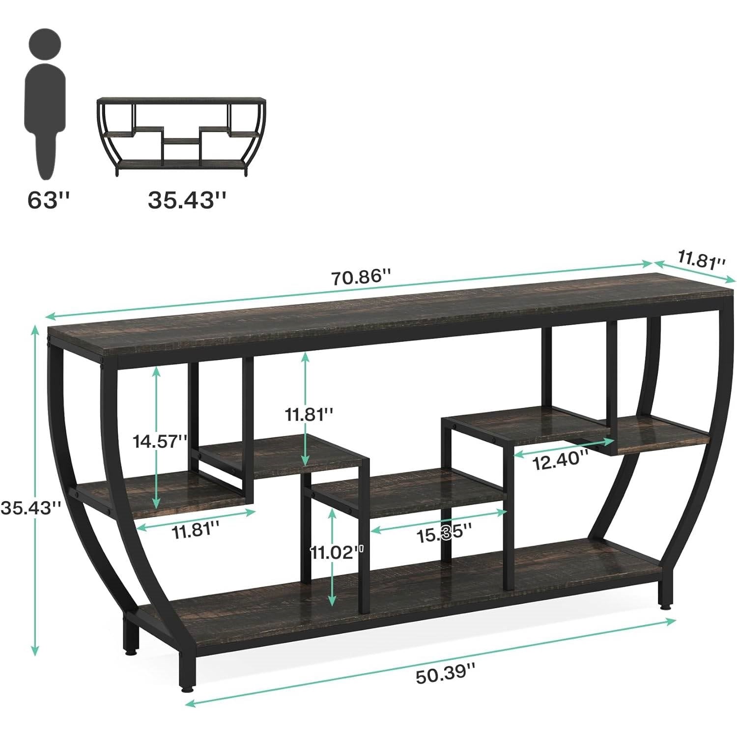Modern Industrial 70-inch Long Narrow Console Sofa Table with Black Wood Shelves-4