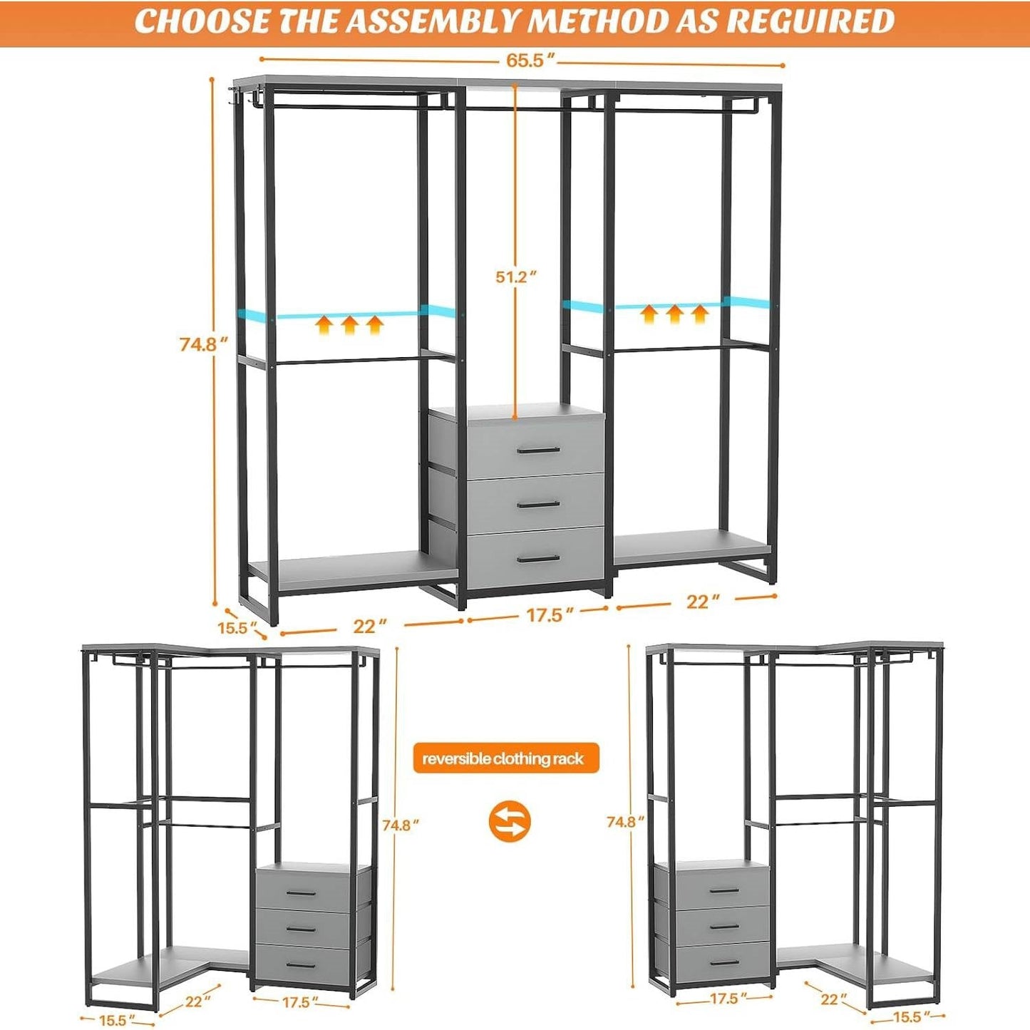 Heavy Duty Black Grey Freestanding Garment Rack Closet Wardrobe with 3 Drawers-1