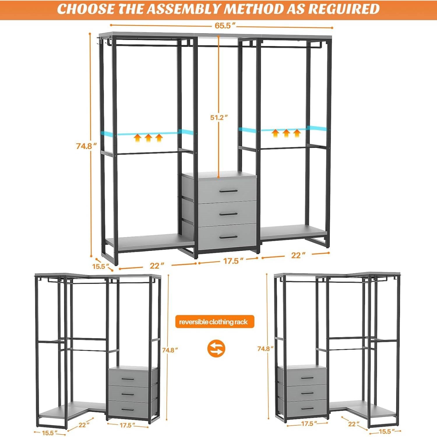 Heavy Duty Black Grey Freestanding Garment Rack Closet Wardrobe with 3 Drawers-1