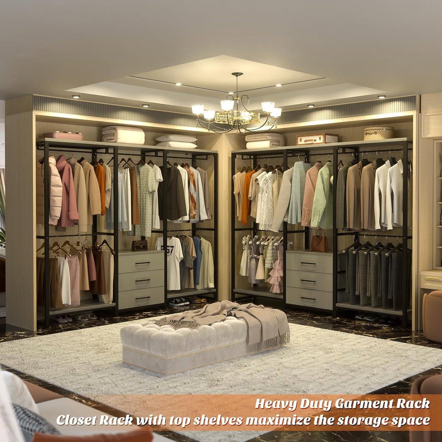 Heavy Duty Black Grey Freestanding Garment Rack Closet Wardrobe with 3 Drawers-3