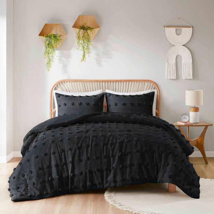 King/Cal King 3 Piece Pompom Microfiber Hypoallergenic Comforter Set in Black-1