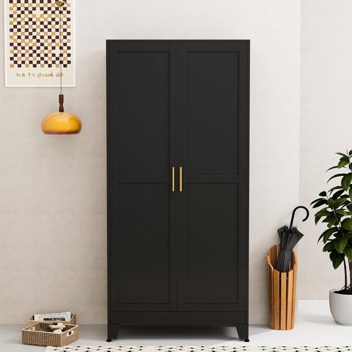 Black Metal Multifunctional Storage Armoire Wardrobe Closet-0