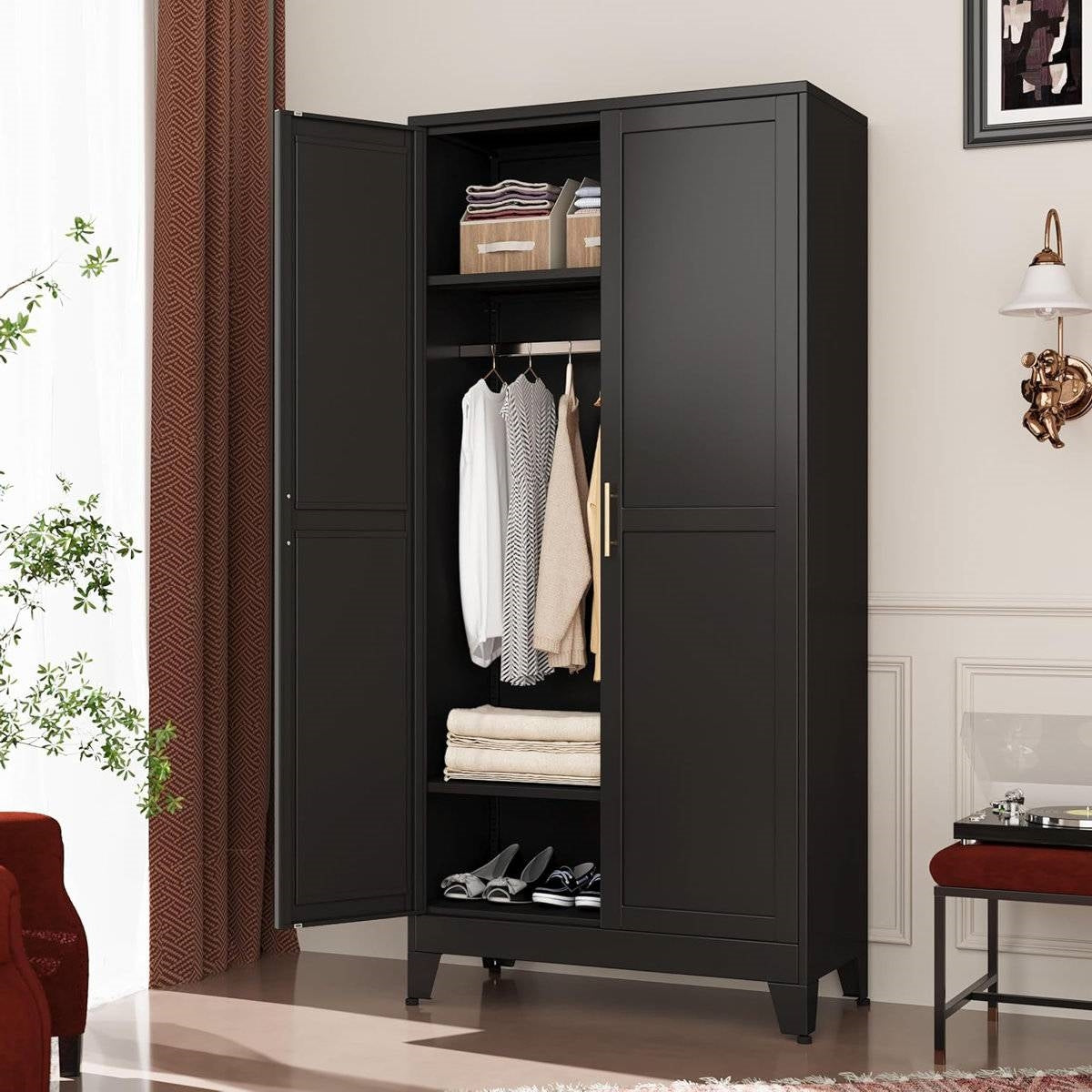 Black Metal Multifunctional Storage Armoire Wardrobe Closet-3