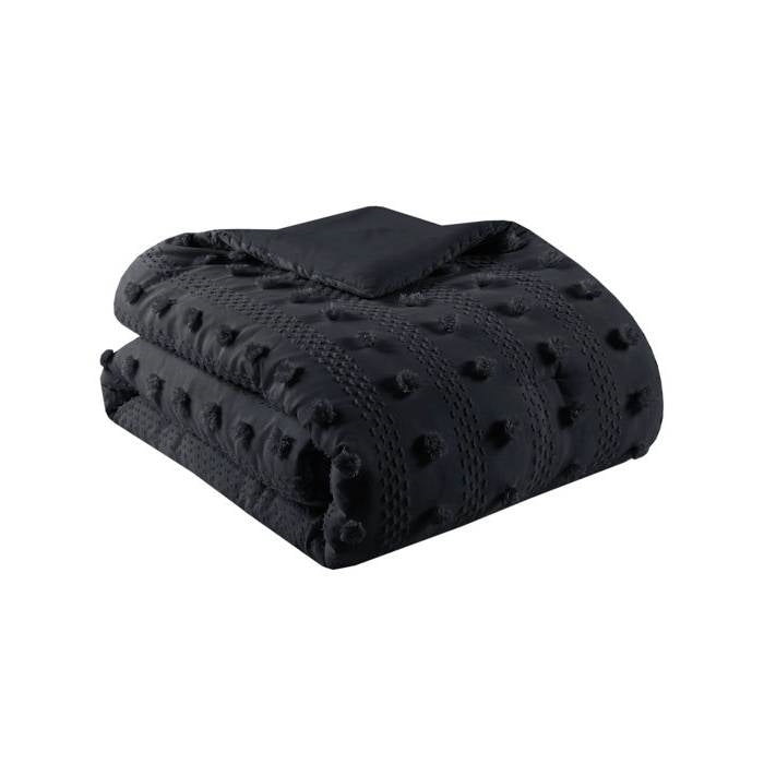 Full/Queen 3 Piece Pompom Microfiber Hypoallergenic Comforter Set in Black-4