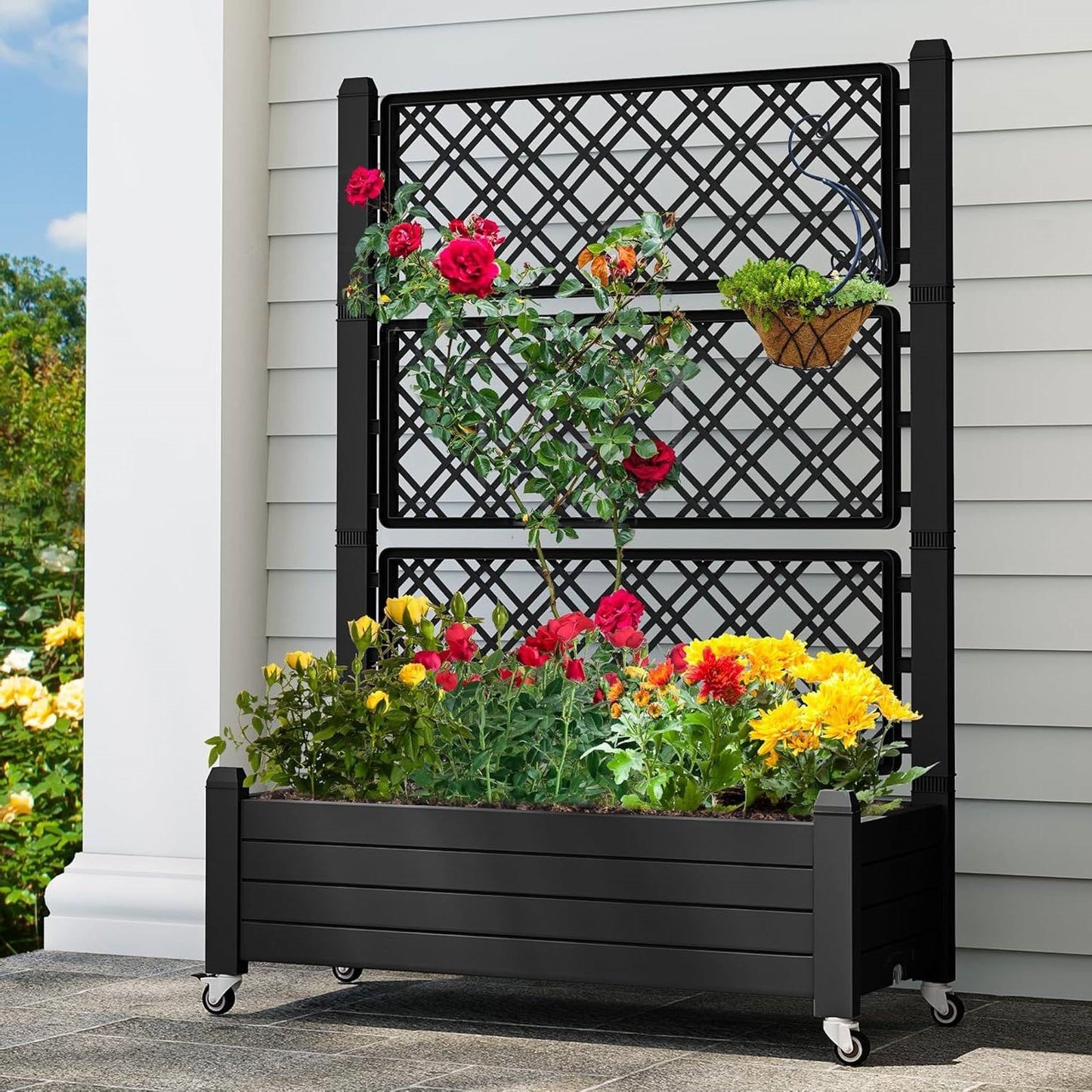 Outdoor Raised Garden Bed Planter Box with Trellis and Wheels in Black-0