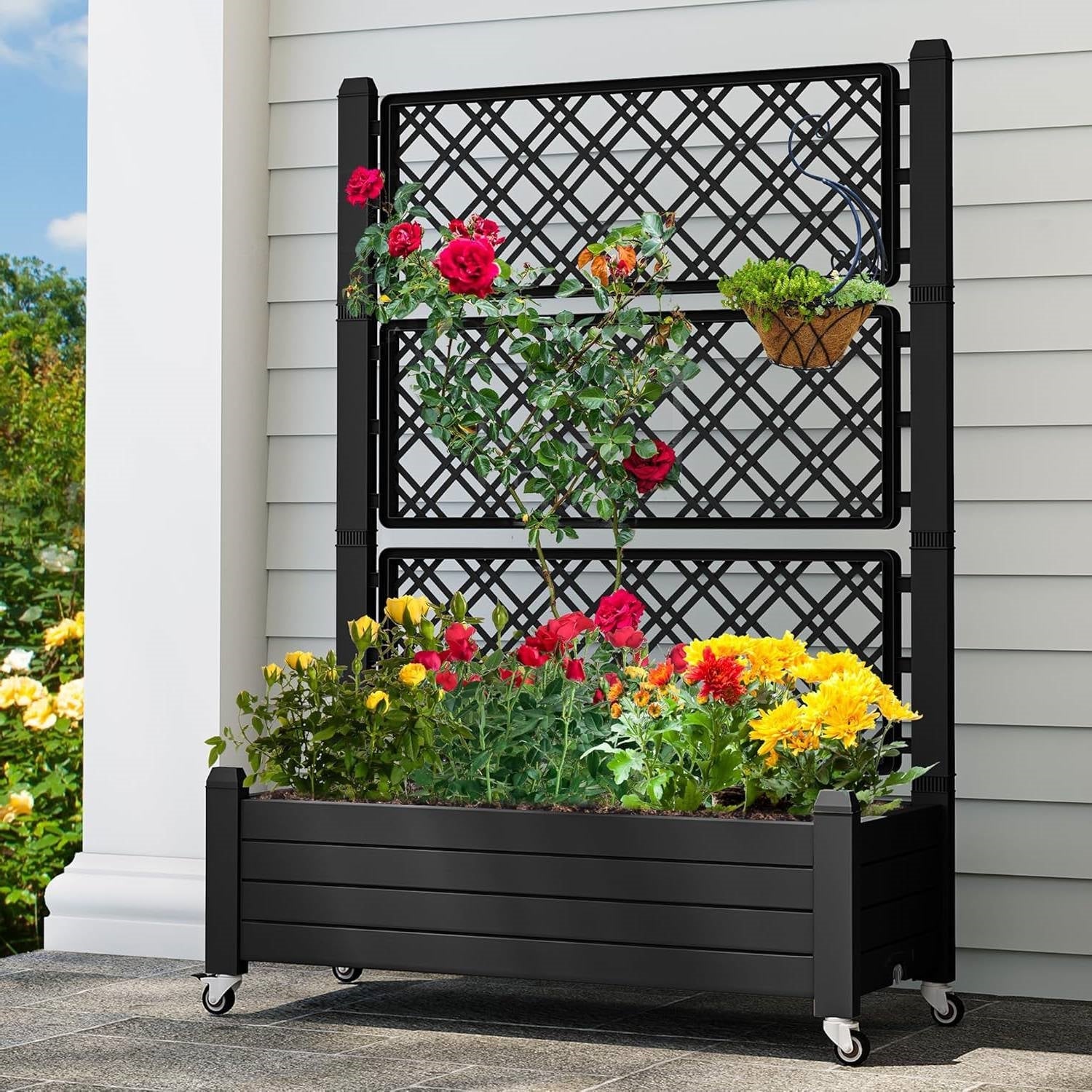 Outdoor Raised Garden Bed Planter Box with Trellis and Wheels in Black-0