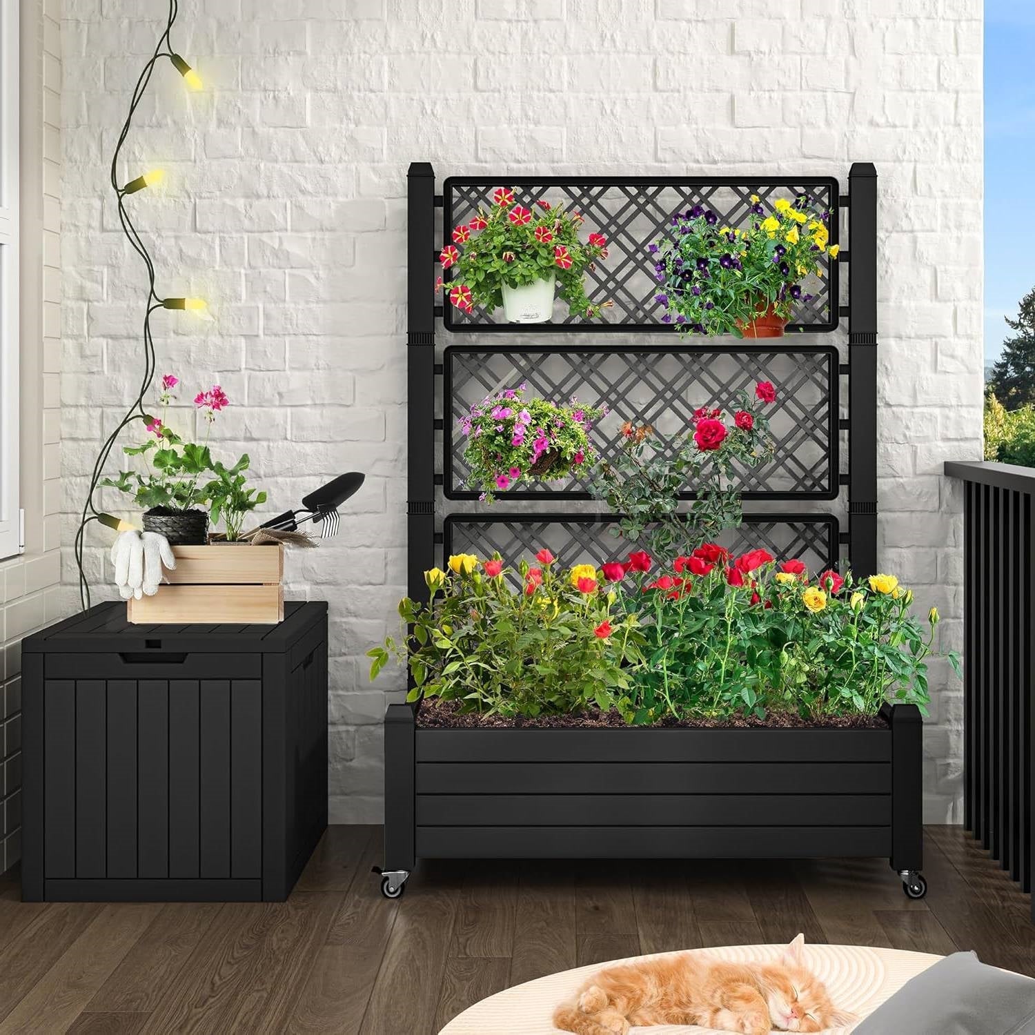 Outdoor Raised Garden Bed Planter Box with Trellis and Wheels in Black-1