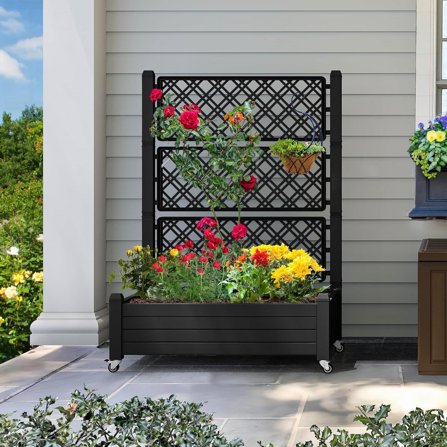 Outdoor Raised Garden Bed Planter Box with Trellis and Wheels in Black-2