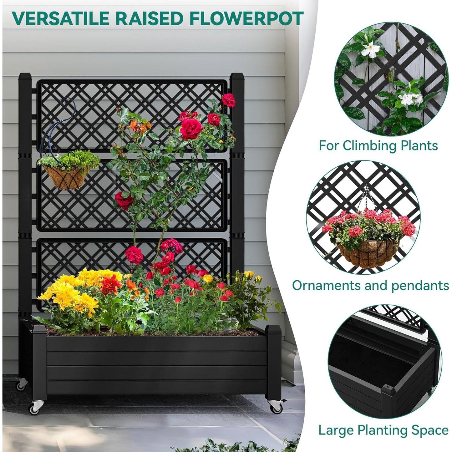 Outdoor Raised Garden Bed Planter Box with Trellis and Wheels in Black-3
