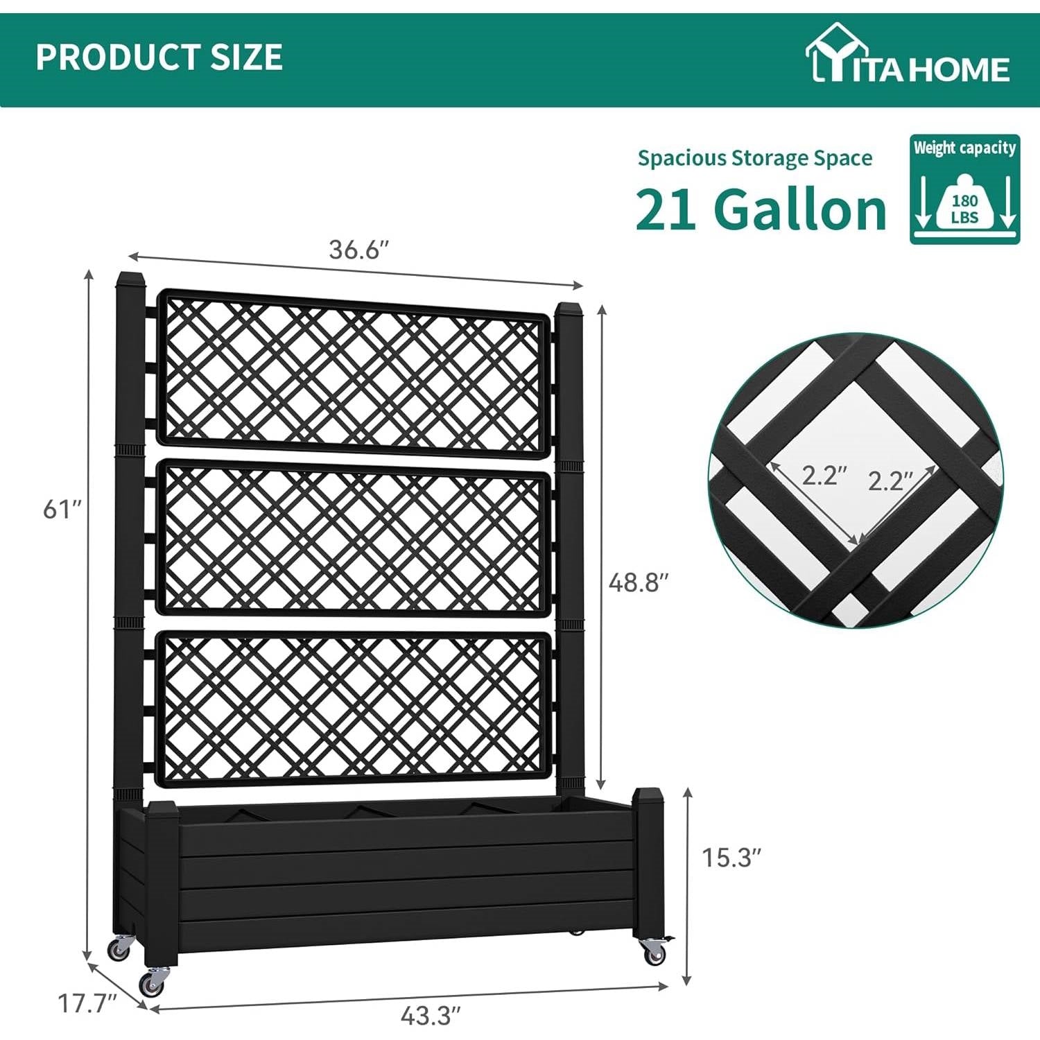 Outdoor Raised Garden Bed Planter Box with Trellis and Wheels in Black-4