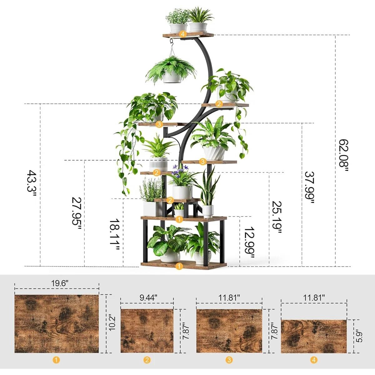 Indoor Plant Stand with Black Metal Frame and Wood Finish Shelves-4