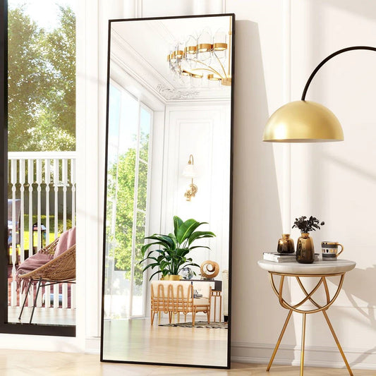 Black 64-inch Full Length Floor Mirror with Stand and Wall Mounting Holes-0