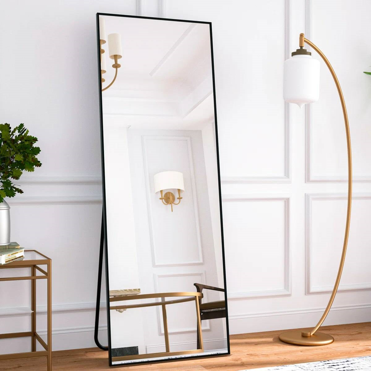 Black 64-inch Full Length Floor Mirror with Stand and Wall Mounting Holes-1