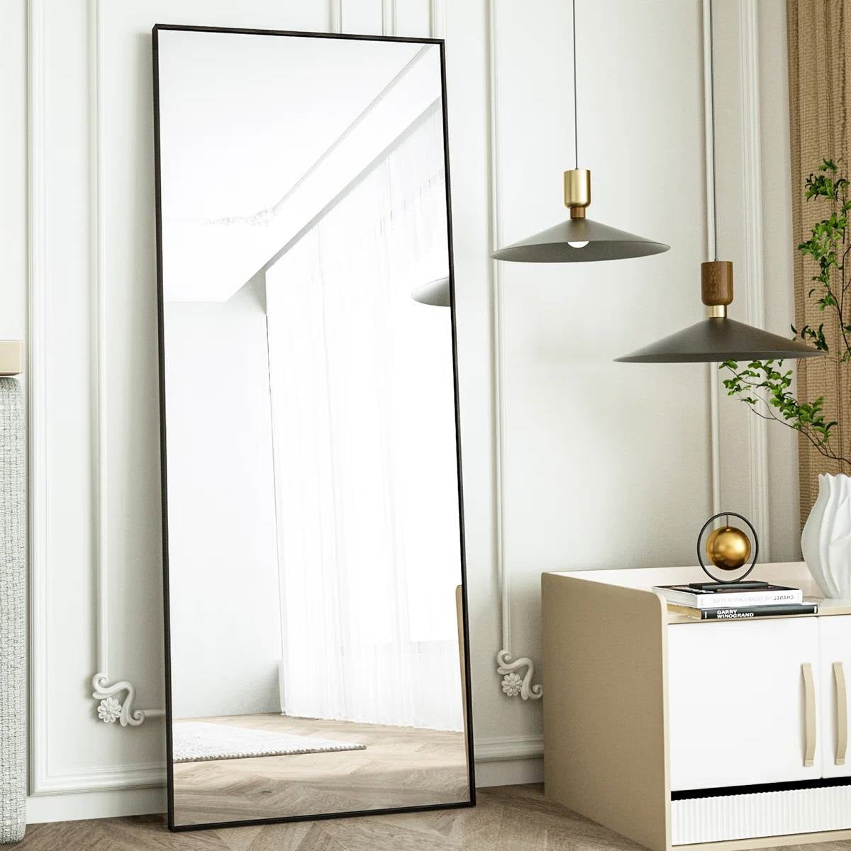 Black 64-inch Full Length Floor Mirror with Stand and Wall Mounting Holes-2