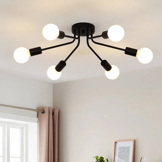 Black Mid-Century Modern 6-Light Flush Mount Sputnik Ceiling Light-0