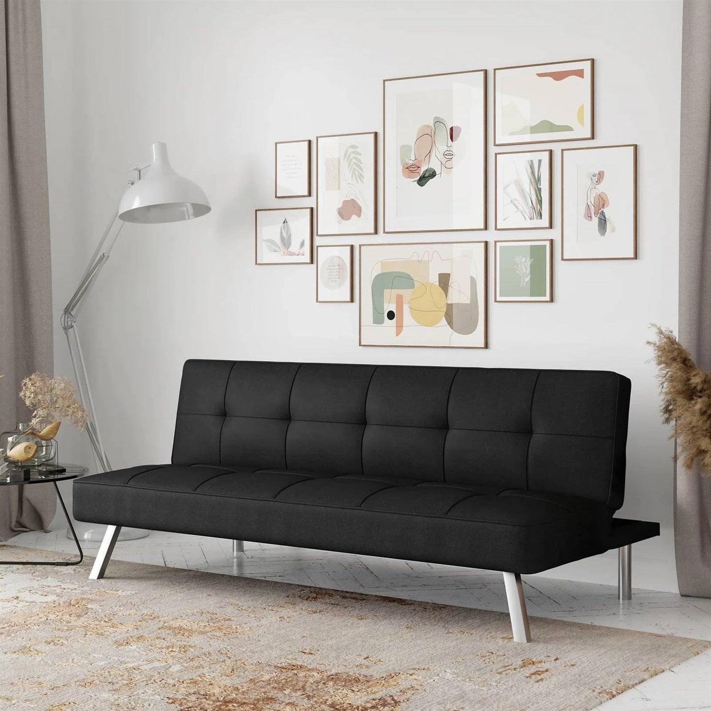Modern Futon Sofa Bed in Black Fabric with Chrome Metal Legs-0