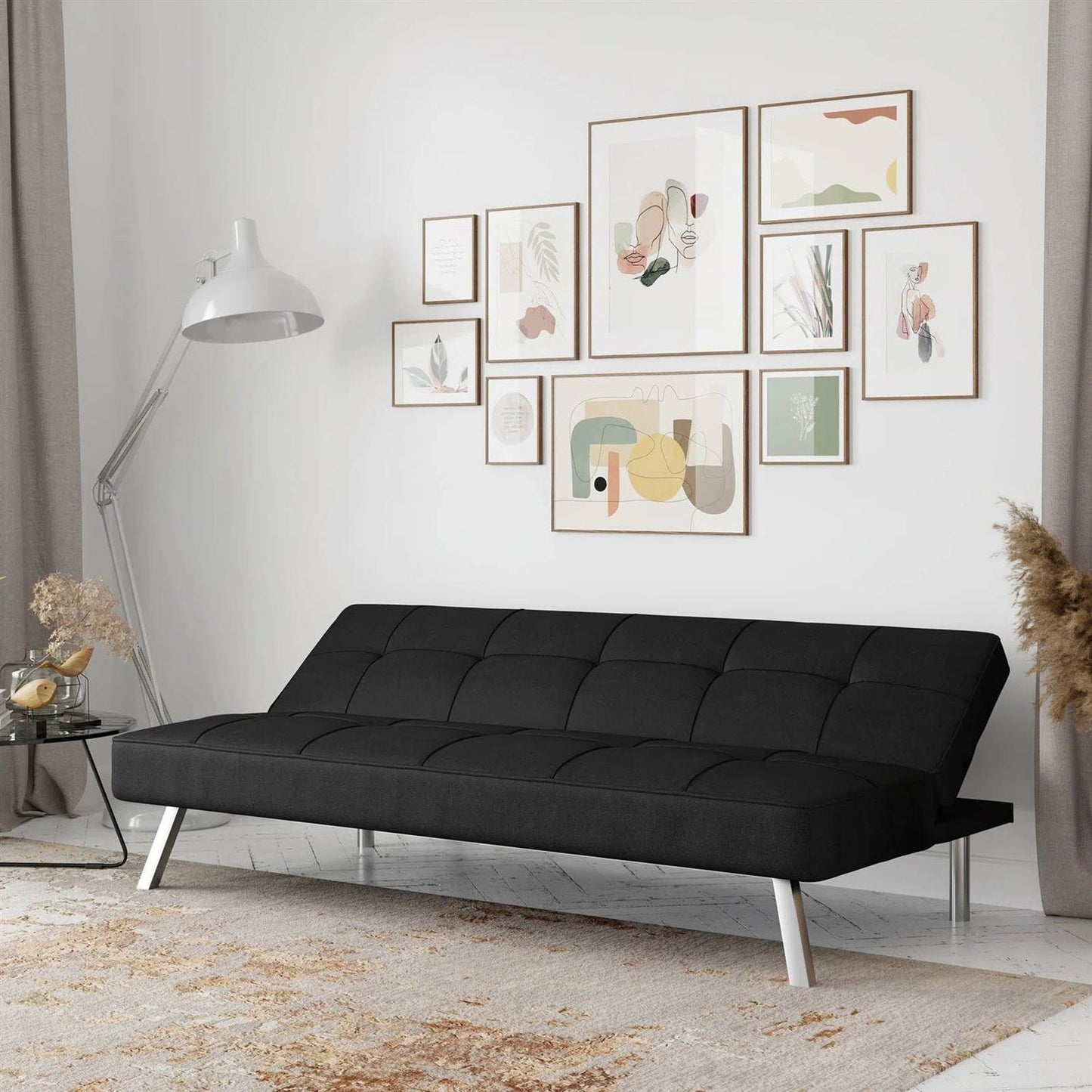 Modern Futon Sofa Bed in Black Fabric with Chrome Metal Legs-1