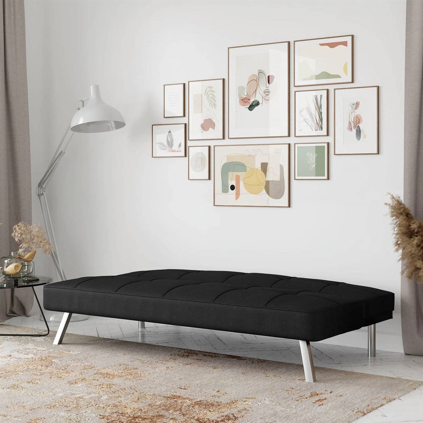 Modern Futon Sofa Bed in Black Fabric with Chrome Metal Legs-2