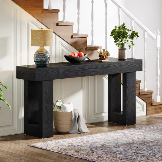 Modern Farmhouse 63-inch Narrow Entryway Console Sofa Table in Black Wood Finish-0