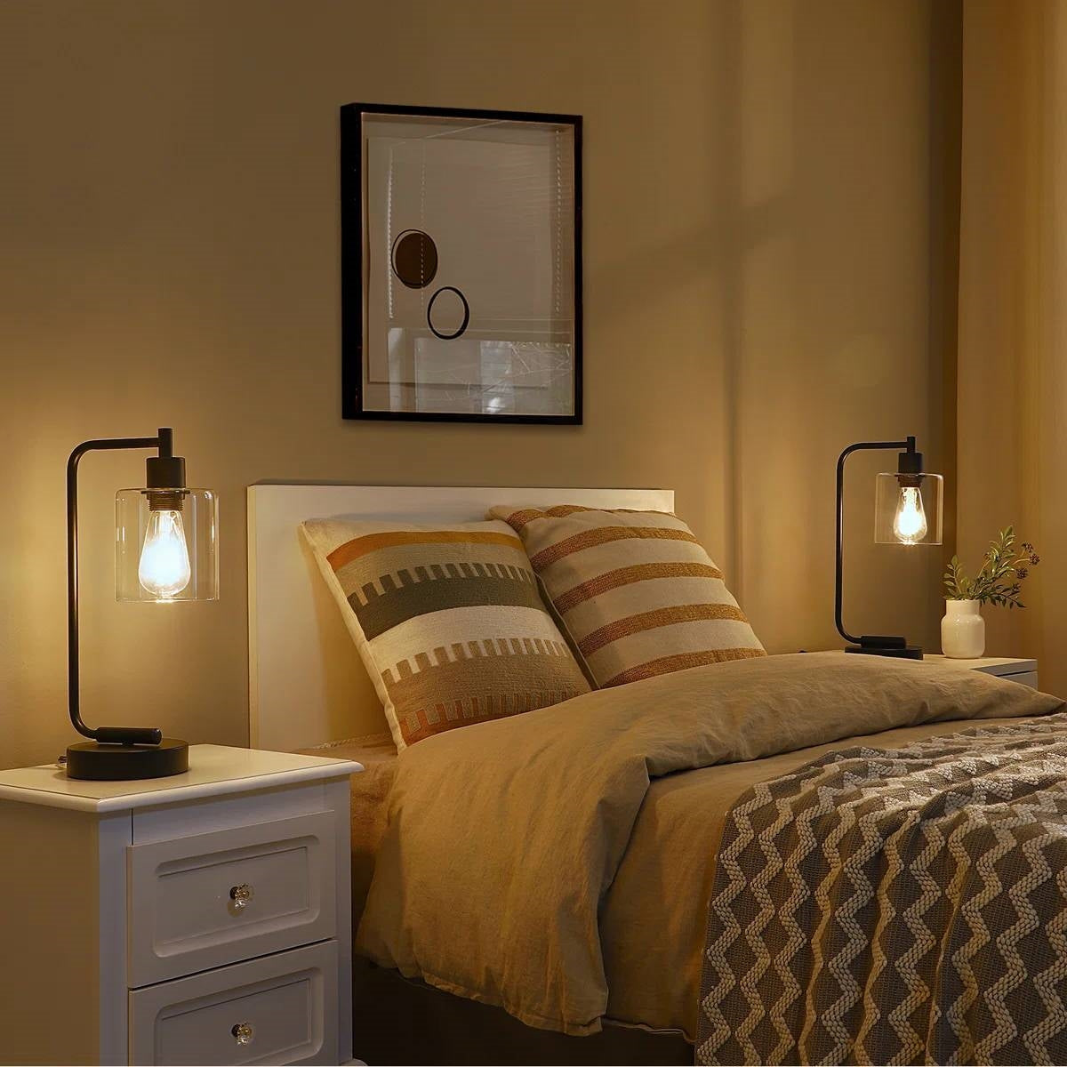 Set of 2 - Farmhouse Bedside Table Lamp Black Desk Light with USB Charging Ports-0