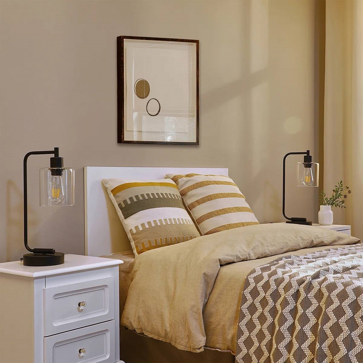 Set of 2 - Farmhouse Bedside Table Lamp Black Desk Light with USB Charging Ports-1