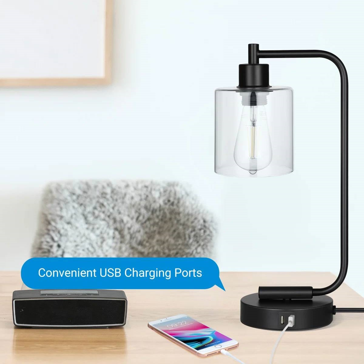 Set of 2 - Farmhouse Bedside Table Lamp Black Desk Light with USB Charging Ports-2