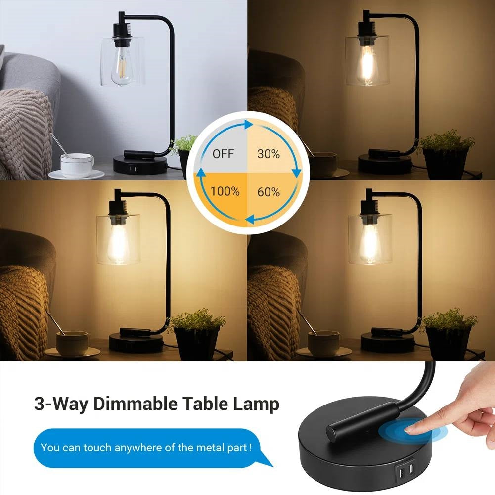 Set of 2 - Farmhouse Bedside Table Lamp Black Desk Light with USB Charging Ports-3