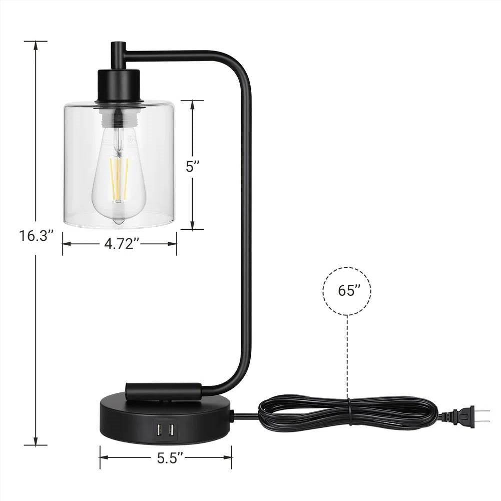 Set of 2 - Farmhouse Bedside Table Lamp Black Desk Light with USB Charging Ports-4