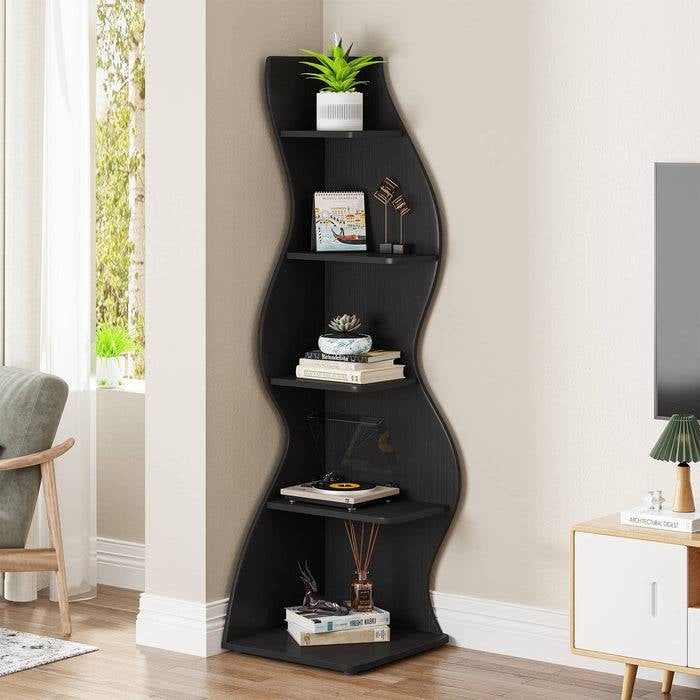 Modern 5 Shelf Corner Bookcase in Black Wood Finish-0