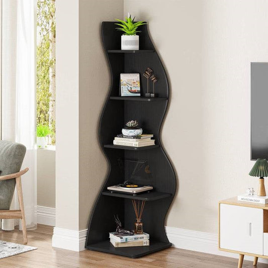 Modern 5 Shelf Corner Bookcase in Black Wood Finish-0