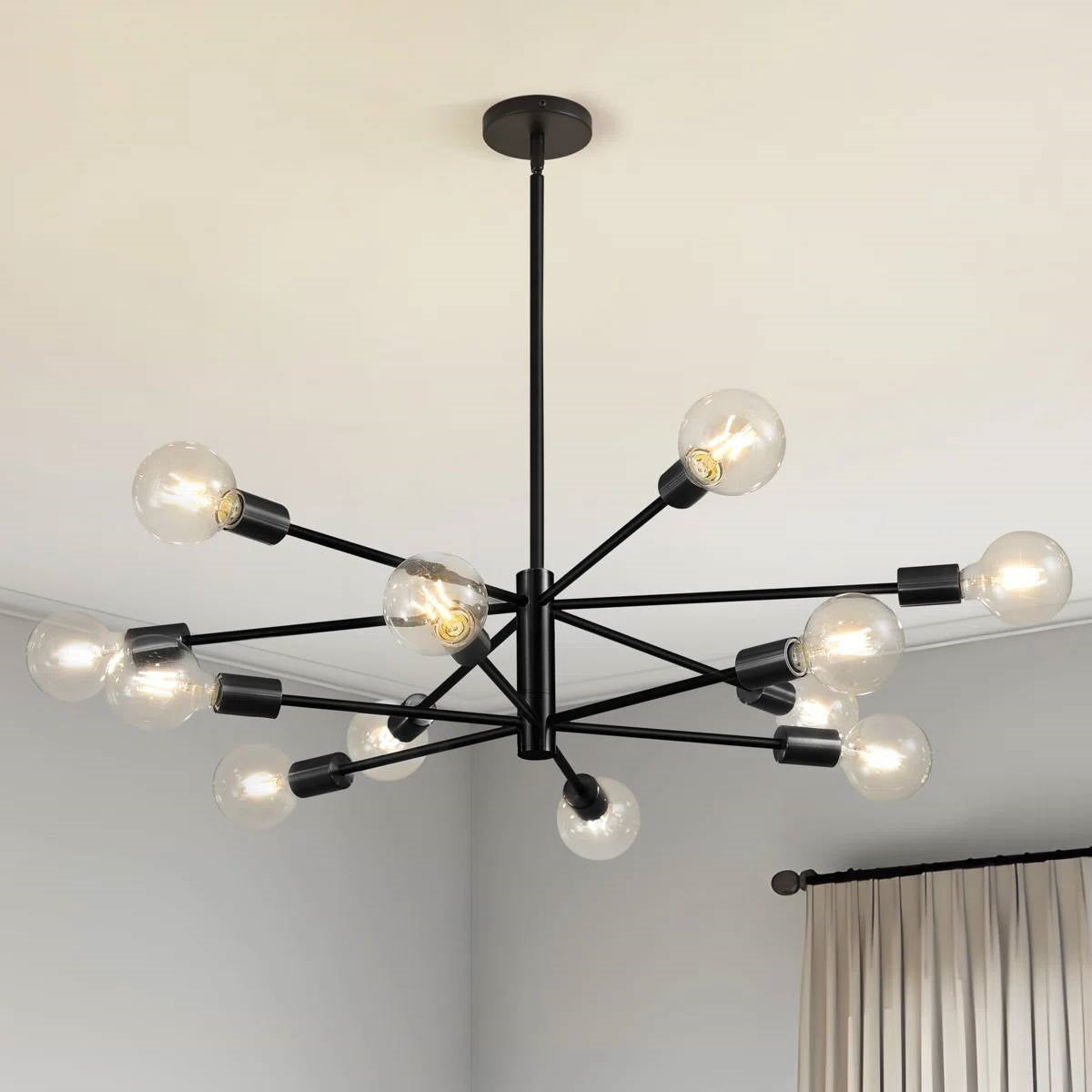 Black 33-inch Modern 12-Light Dimmable Sputnik Chandelier Lamp-2
